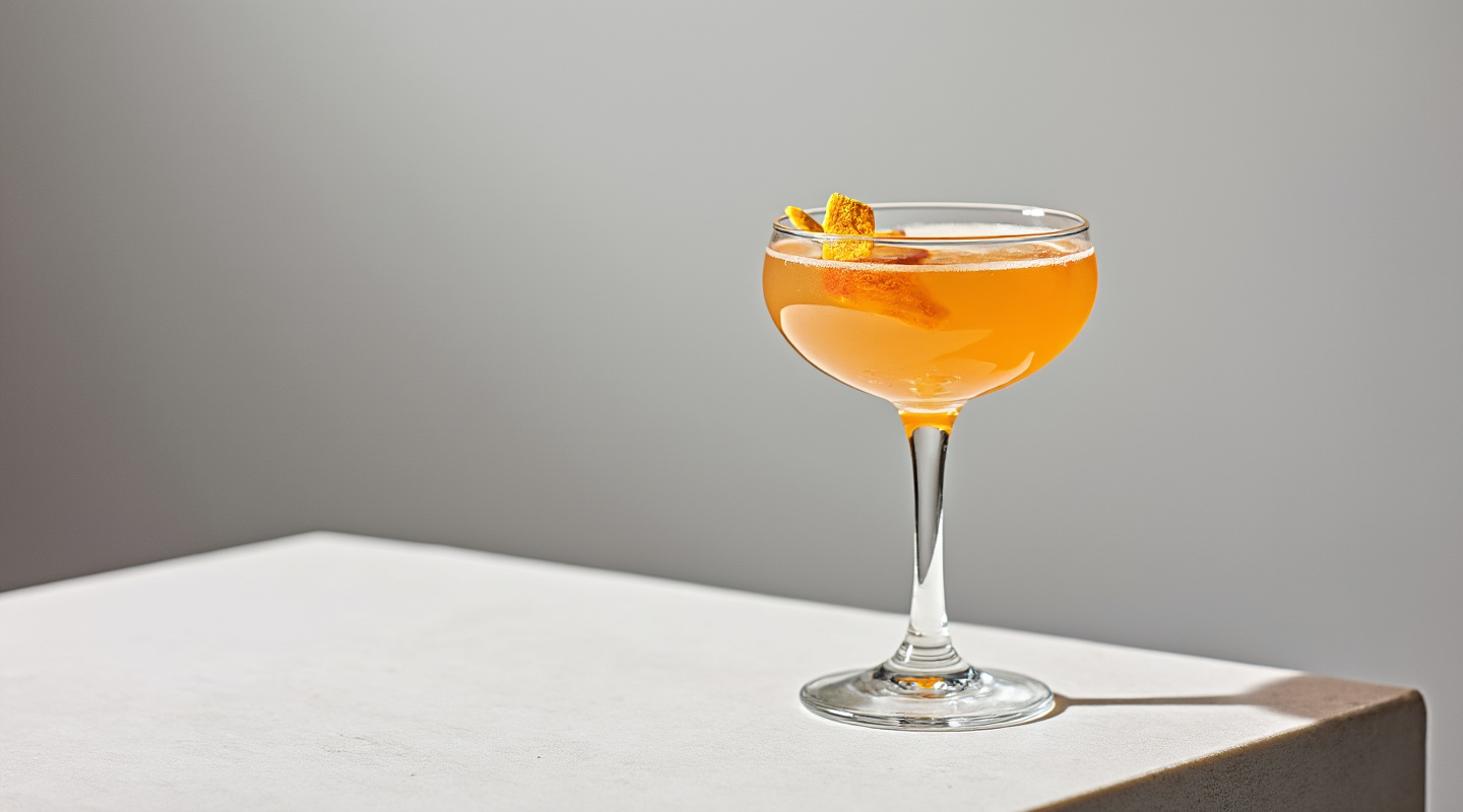 Atta Girl cocktail in a Coupe glass with orange zest twist