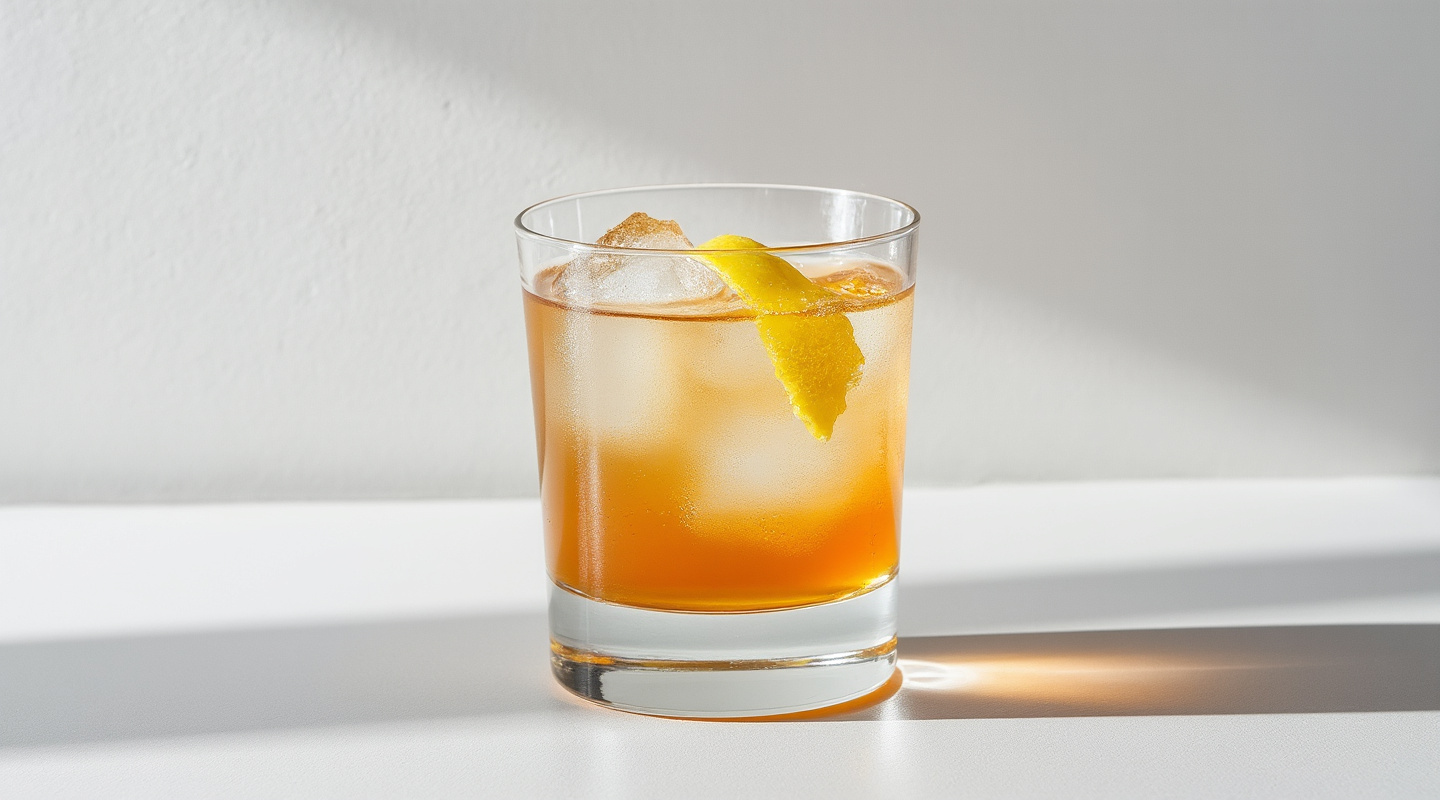 Norwegian Wood cocktail garnished with lemon zest twist