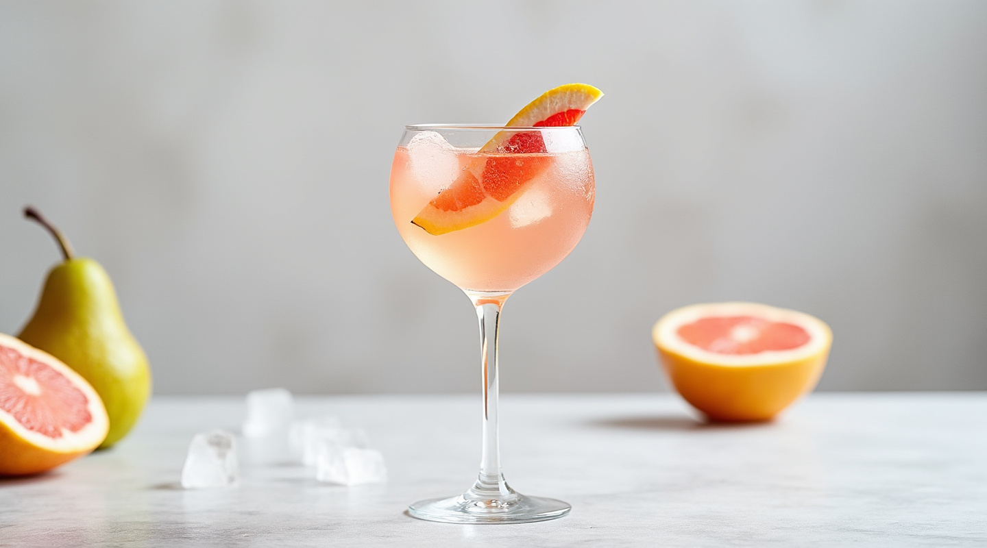 A chilled glass of Pear & Grapefruit Spritz garnished with a grapefruit slice wheel
