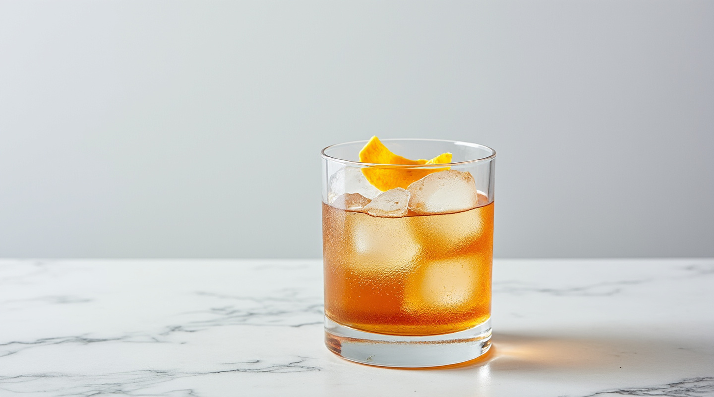 Cock N' Bull cocktail in an Old-fashioned glass with an orange twist