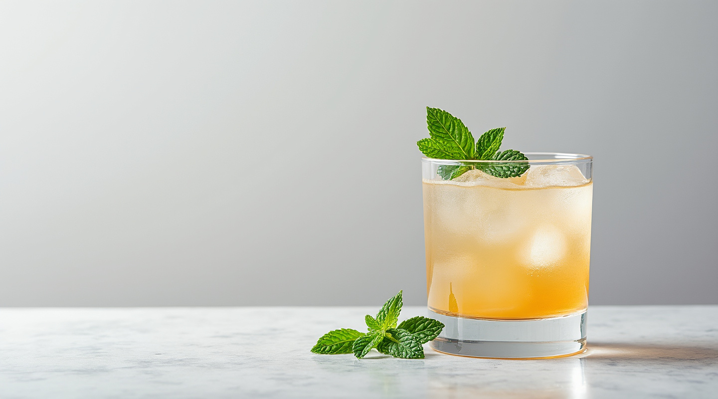 Mamadeta cocktail in an Old-fashioned glass garnished with mint sprigs