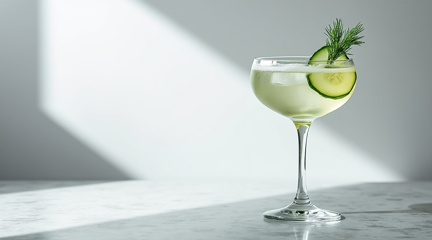 DILL or no dill cocktail served in a coupe glass, garnished with dill
