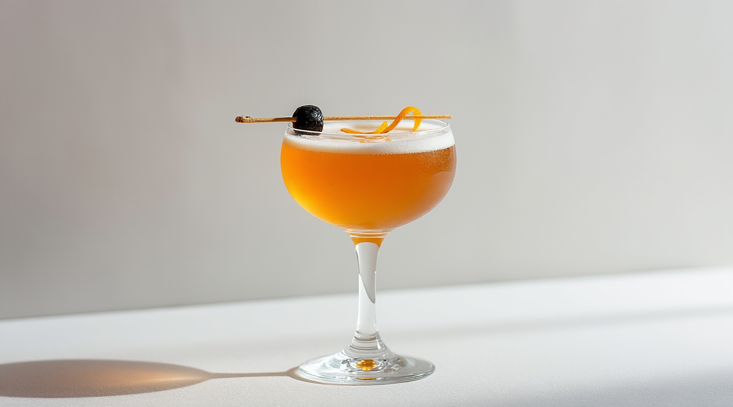 Adonis cocktail in a coupe glass garnished with skewered olive and orange zest twist
