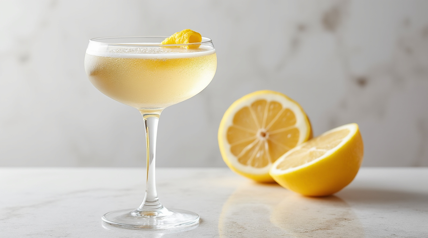 Alfonso cocktail served in a champagne flute with a lemon zest twist.