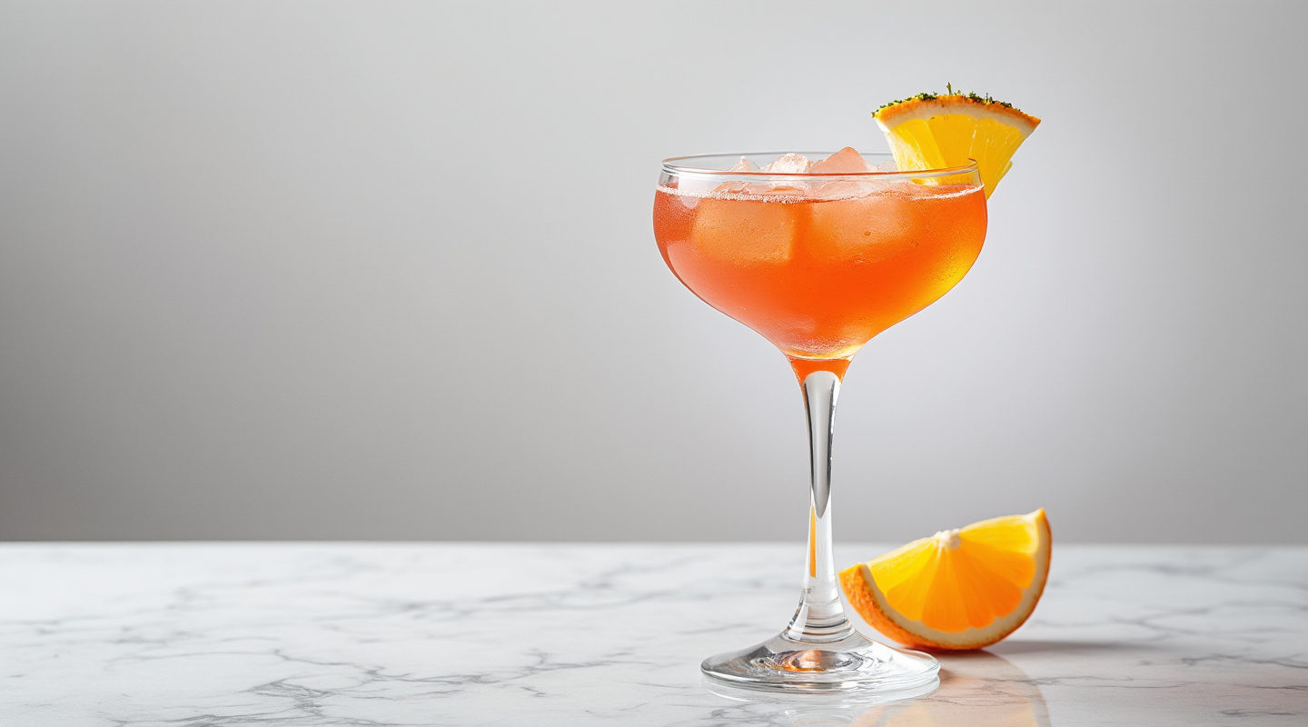 A vibrant blue Baby Blue Cocktail served in a chilled Martini glass with an orange zest twist garnish.