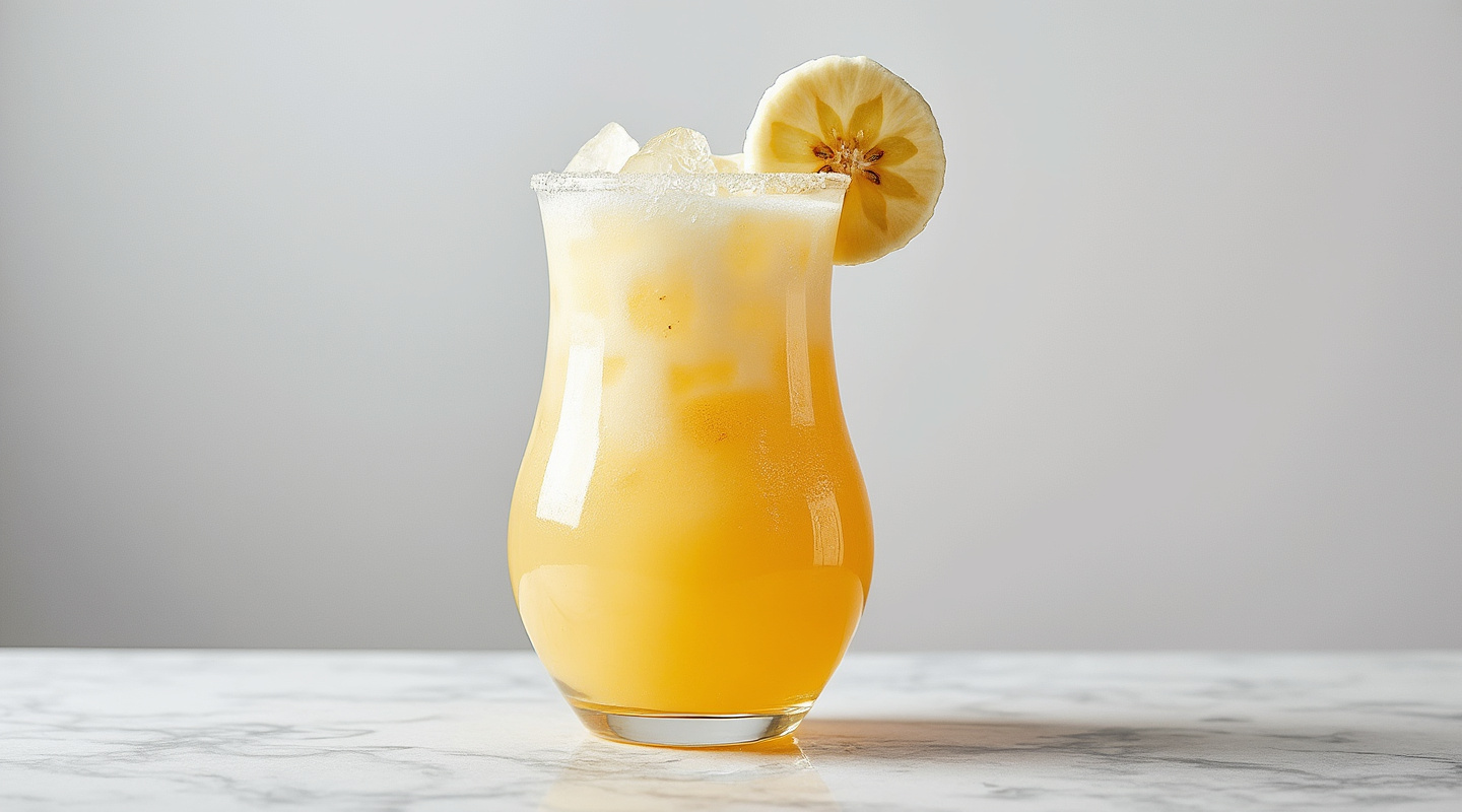 A refreshing and sweet Banana Colada cocktail served in a hurricane glass.