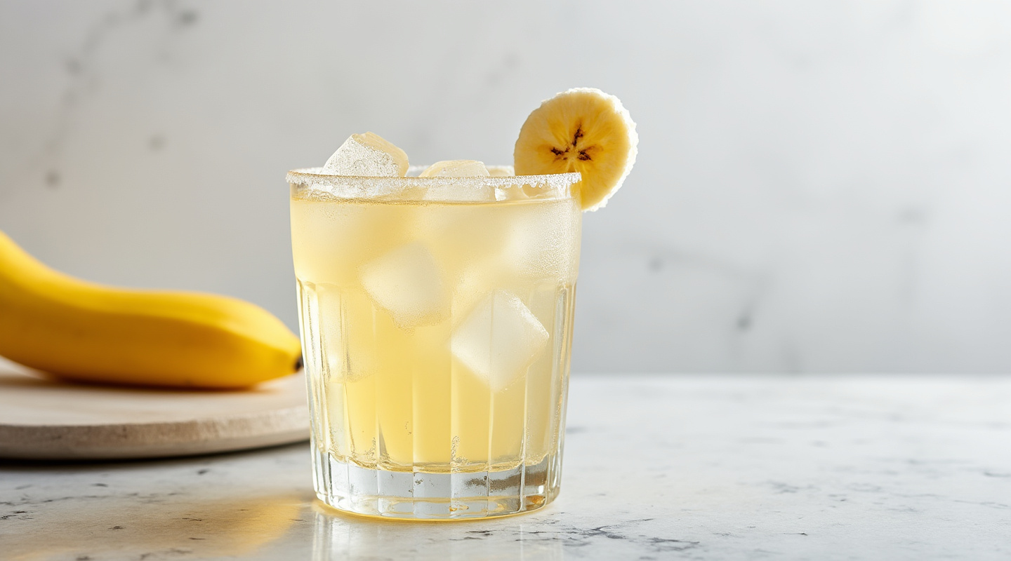 A vibrant Banana Daiquiri served in a Hurricane glass, garnished with a chunk of banana on the rim.