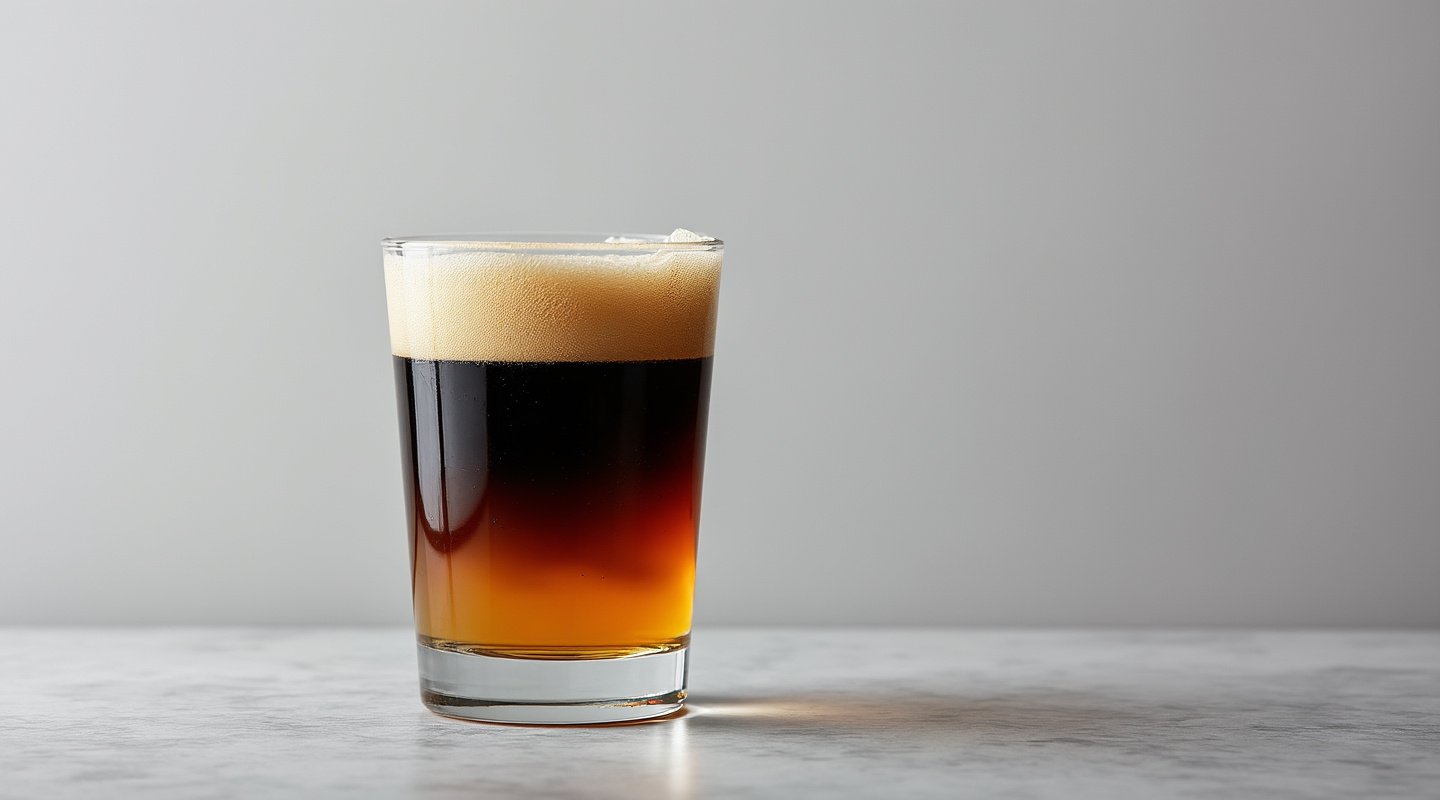 A classic Black & Tan beer cocktail with pale ale and stout layered in a pint glass.