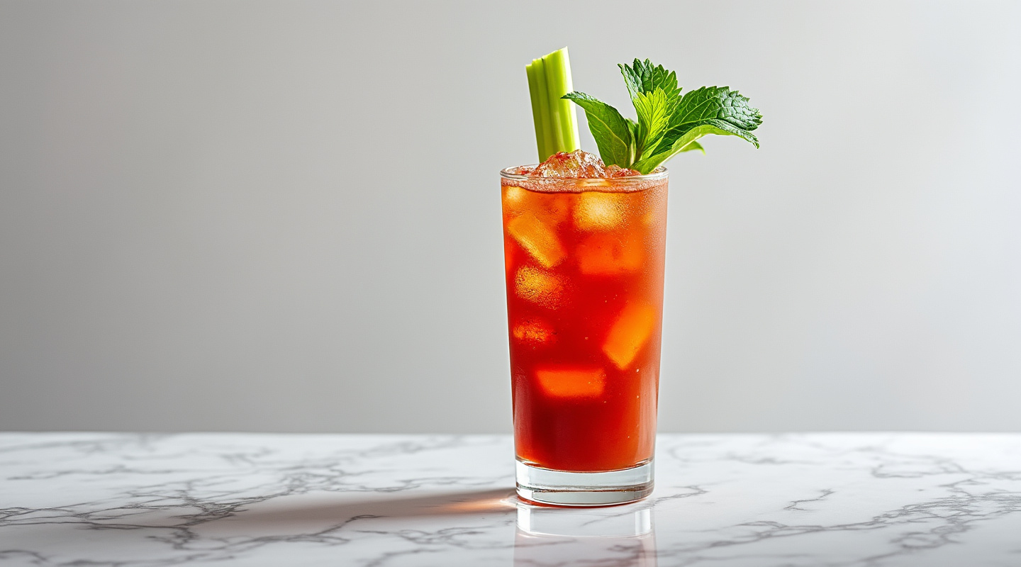 A classic Bloody Mary cocktail in a Collins glass with garnish and vivid colors