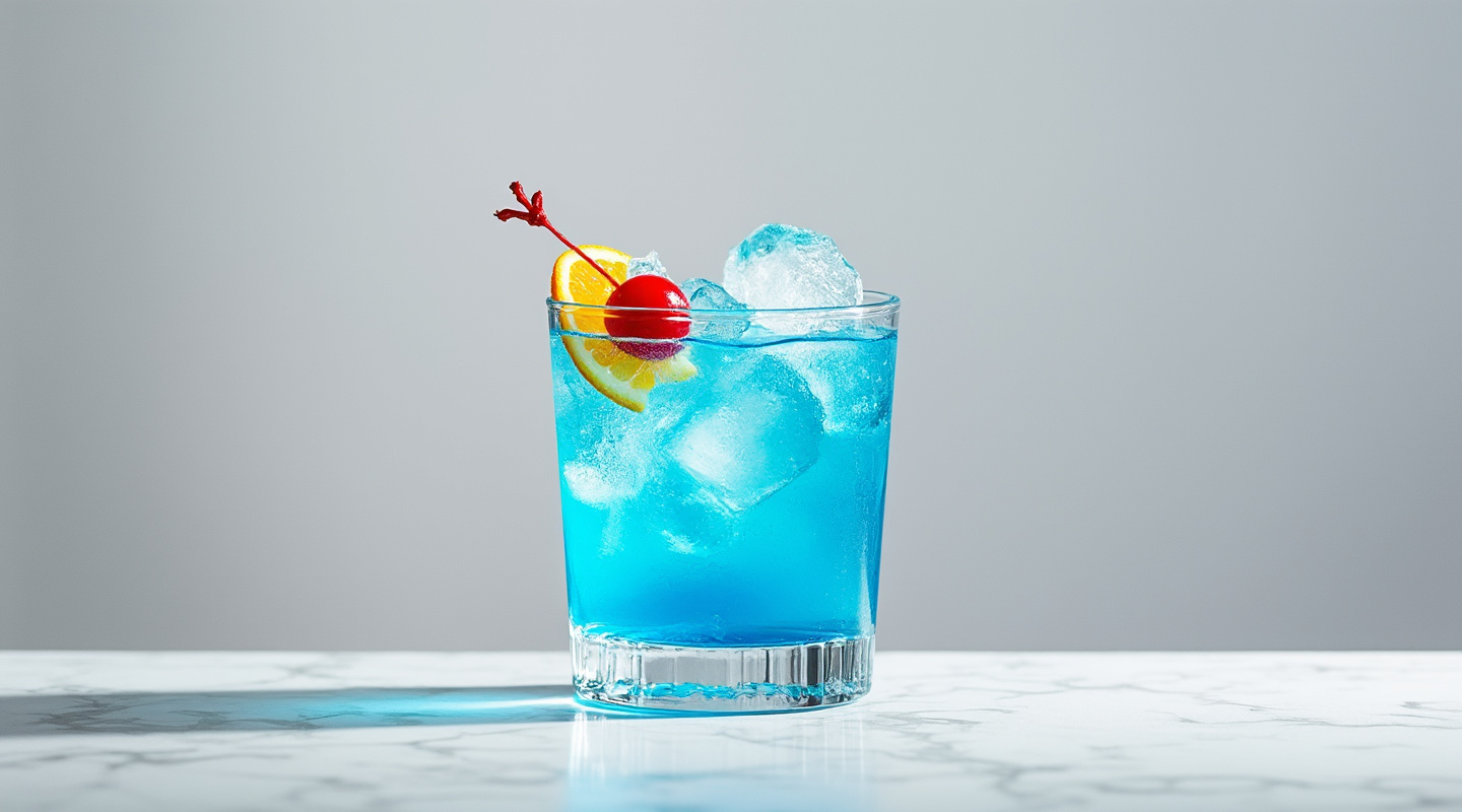 Blue Lagoon cocktail with a blue hue served in a Collins glass garnished with an orange slice and maraschino cherry.
