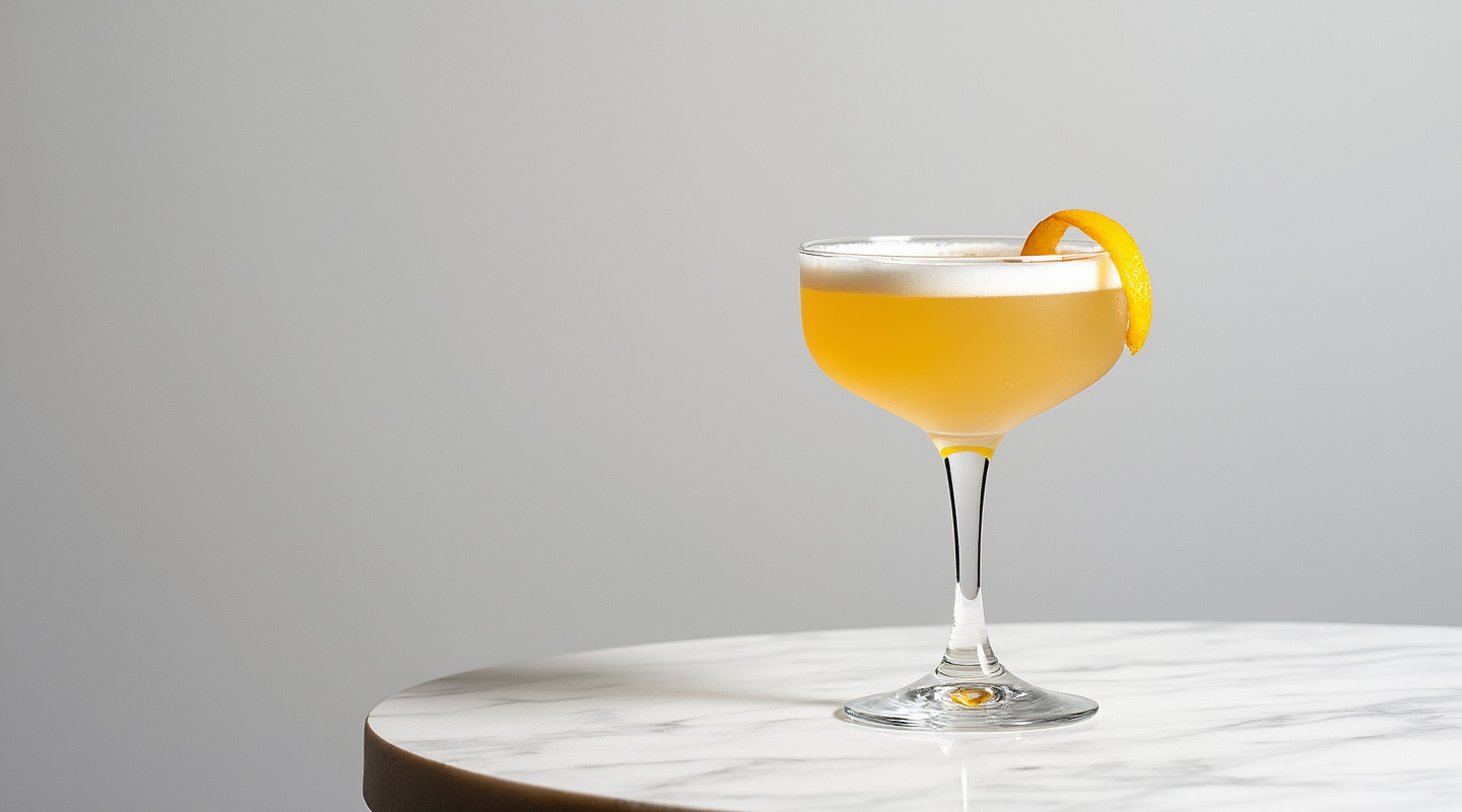 Borderline cocktail in a martini glass with orange twist garnish