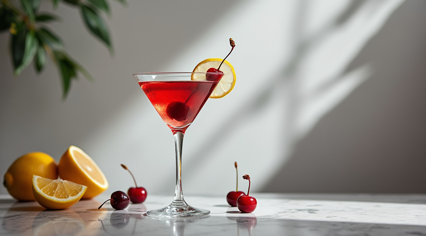 Cherry Martini in a glass with a cherry garnish