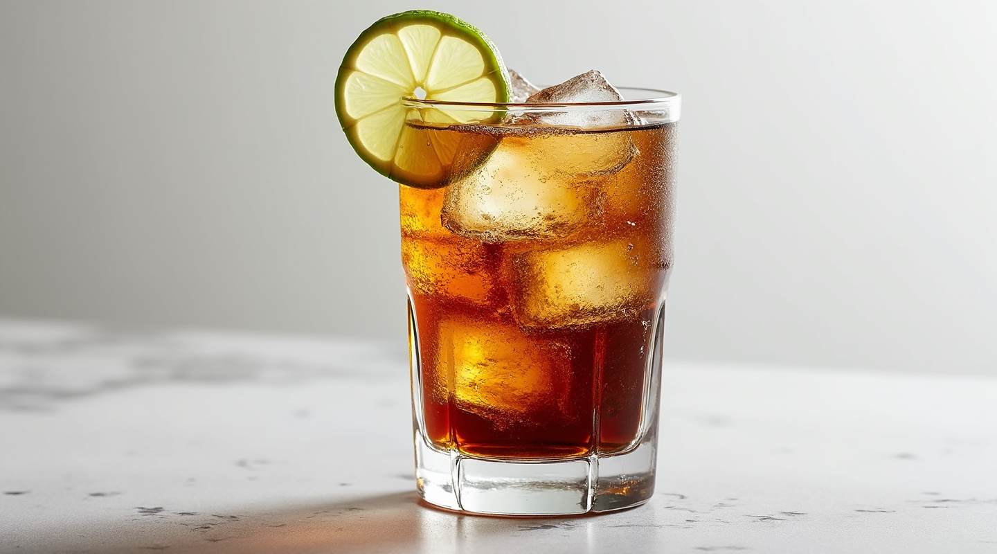 Cuba Libre served in a glass with lime wedge garnish