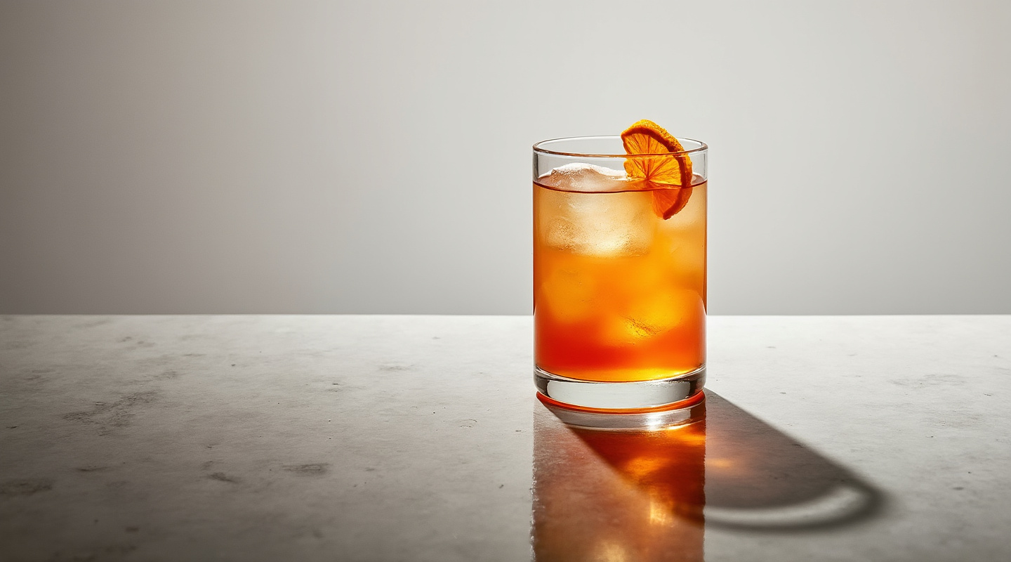 A beautiful clear cocktail in a Nick & Nora glass with an orange twist garnish.