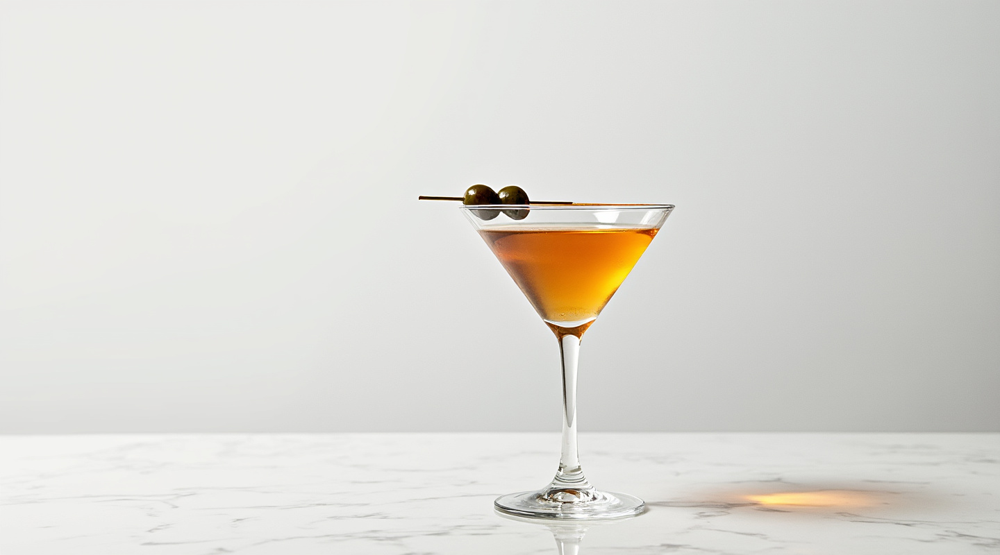 A Dirty Martini in a chilled martini glass, garnished with olives skewered.