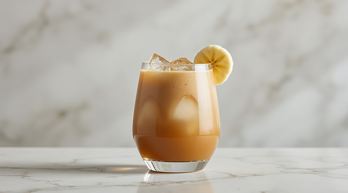 A glass of Dirty Banana cocktail garnished with a banana chunk