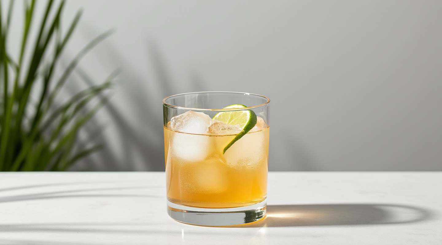 A glass of Estilo Viejo, an Old-Fashioned style cocktail made with Tequila Reposado, agave syrup, and Angostura bitters, garnished with lime zest.