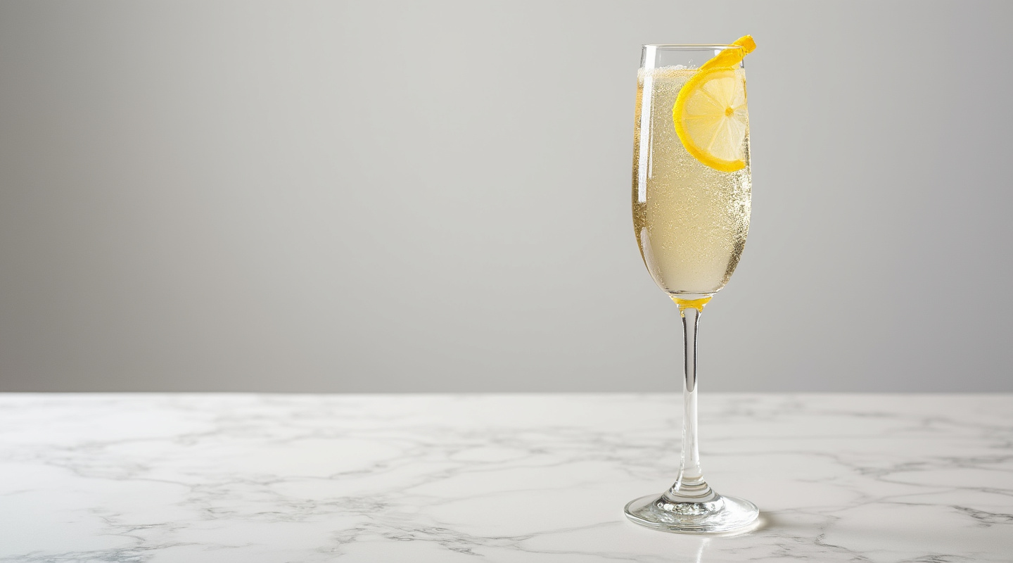 French 75 cocktail in a flute glass garnished with lemon twist