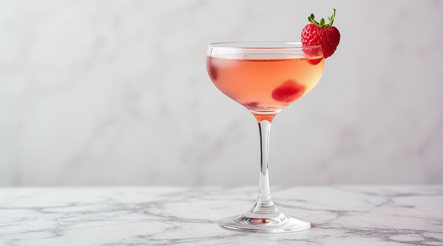 French Kiss #2 in a chilled Martini glass with raspberry garnish