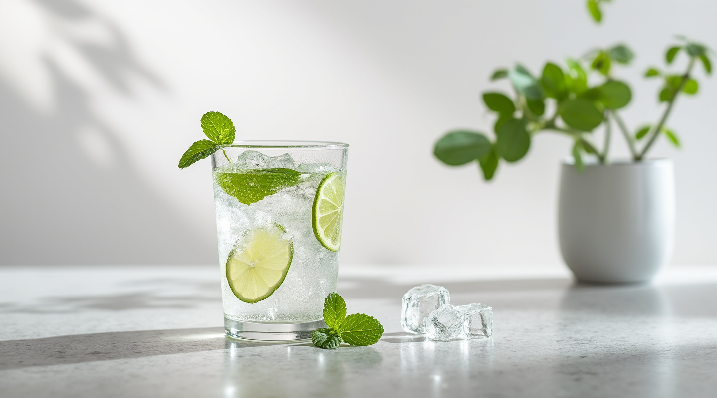 Gin and Tonic in a Collins glass with lime garnish