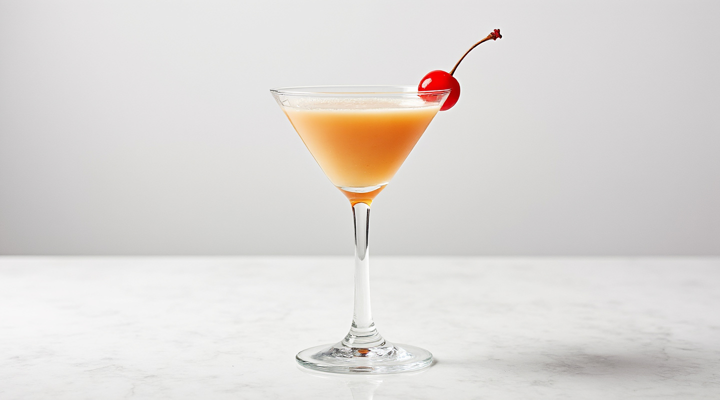 A creamy and rich cocktail called Donna's Creamy'Tini served in a chilled Martini glass, garnished with a skewered cherry