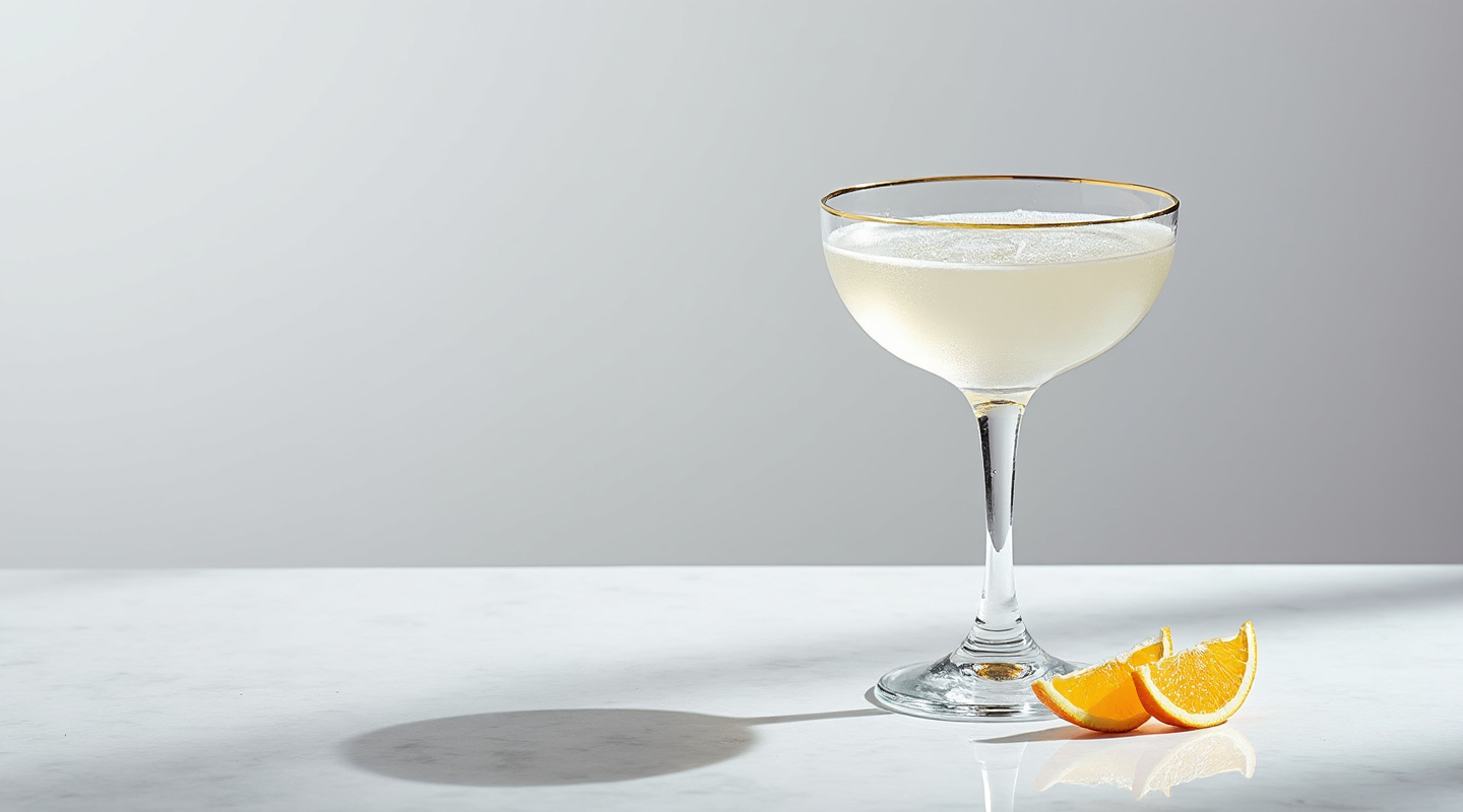 A crystal clear Ice White Cosmo served in a chilled Martini glass garnished with a flamed orange zest twist.