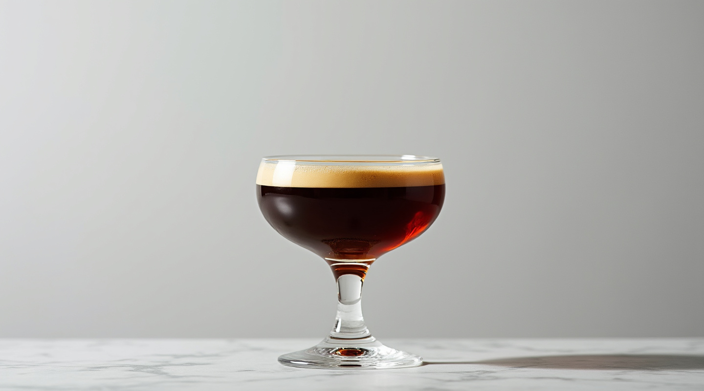Lazarus cocktail served in a chilled coupe glass with coffee beans garnish