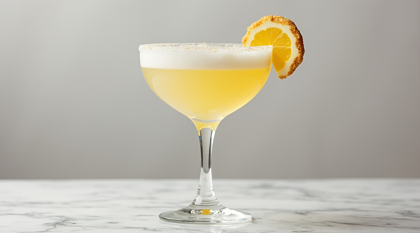 Lemon Meringue Pie'tini in a coupe glass with a creamy topping
