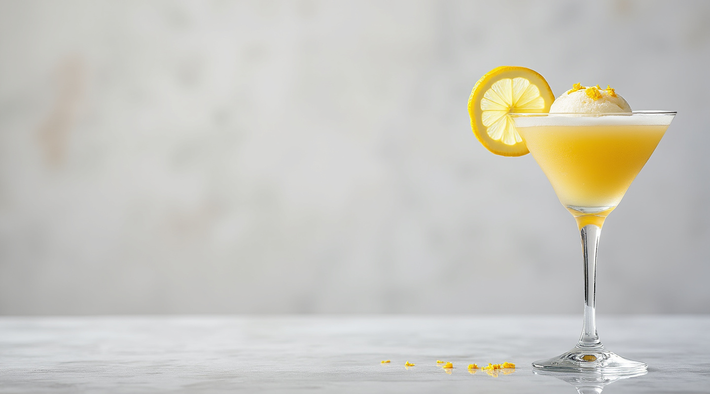 A glass of chilled lemon sorbet served in a martini glass, garnished with grated lemon zest.