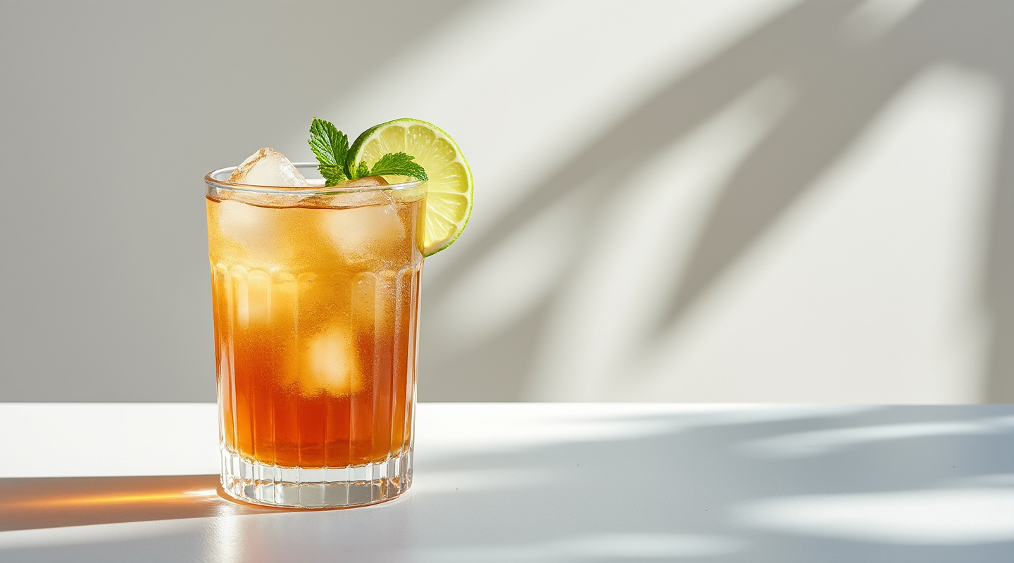 Long Island Iced Tea in a Collins glass with slice of lime as garnish