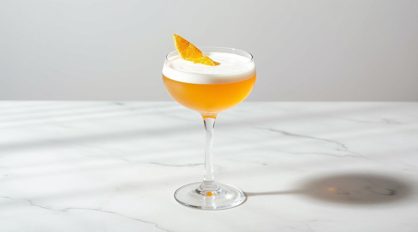 Dulchin cocktail served in a chilled coupe glass with orange zest twist garnish.