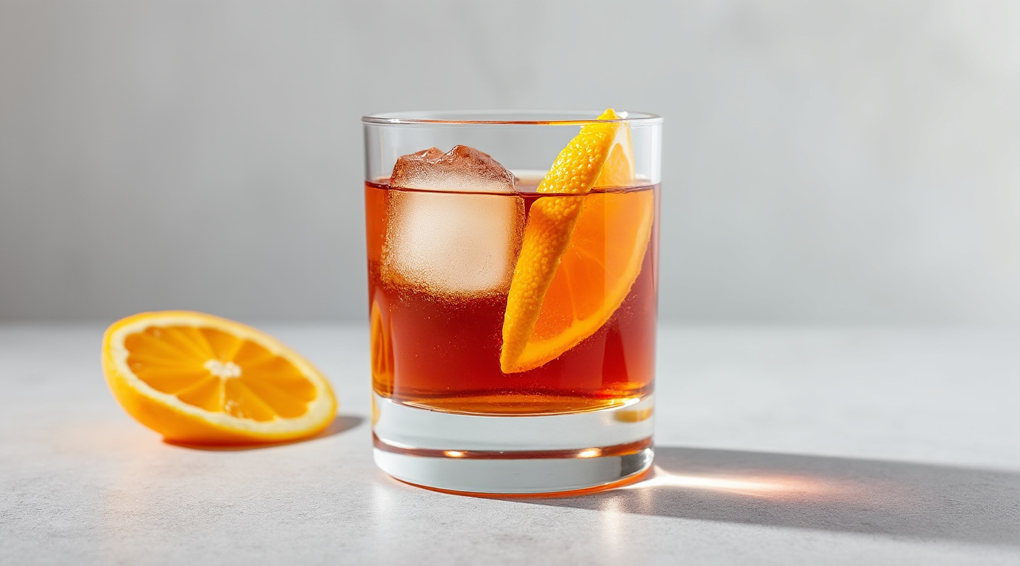 Amber Negroni cocktail in a glass garnished with an orange slice