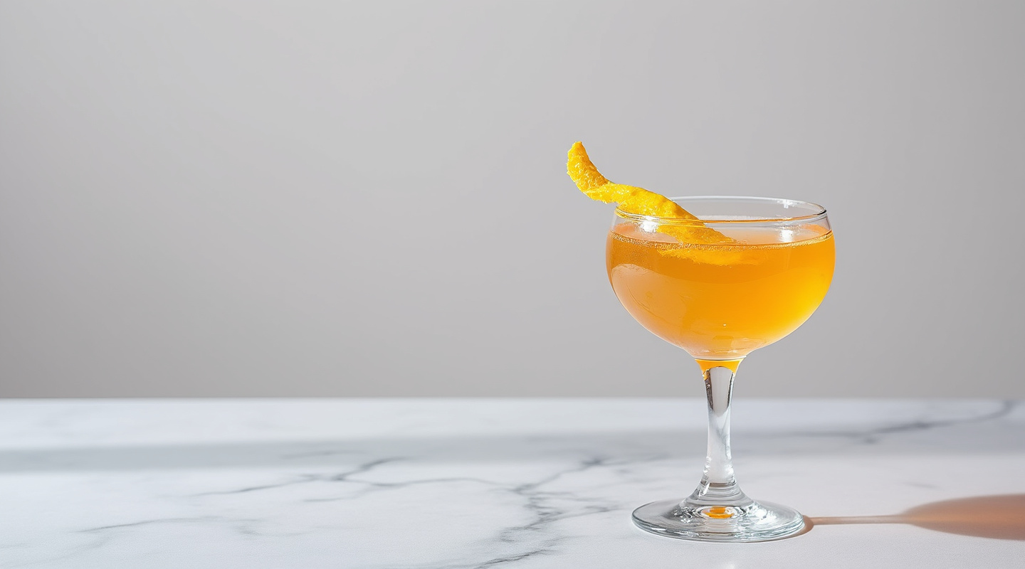 Marmalade Cocktail in a coupe glass garnished with an orange zest twist