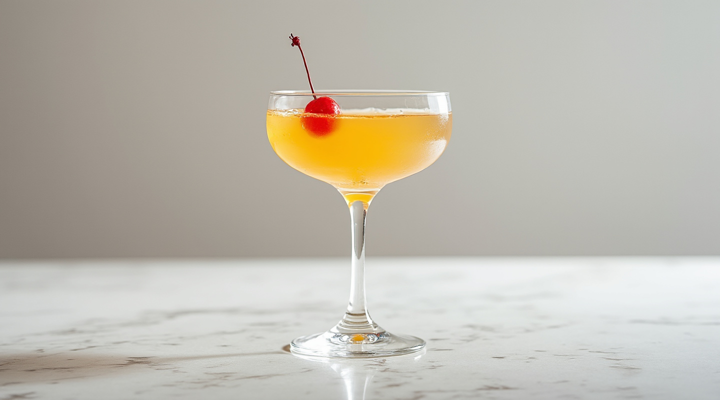 Glowing golden drink served in a chilled coupe glass, shown with a maraschino cherry garnish.
