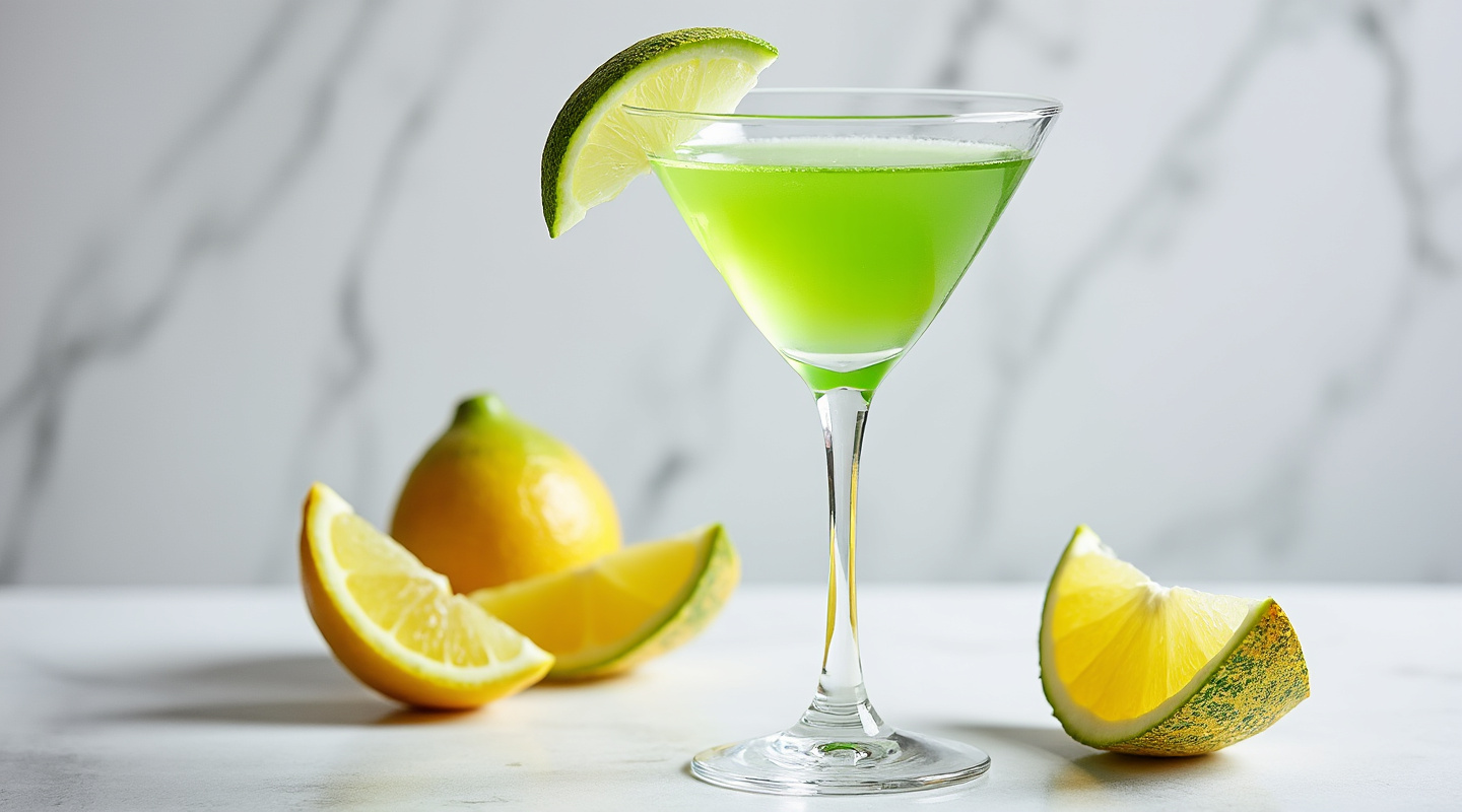 A vibrant green Melon Martini served in a chilled glass.