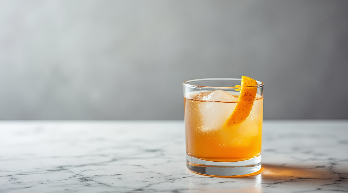 A classic Twelve Miles Out cocktail in a Nick & Nora glass, garnished with orange zest.