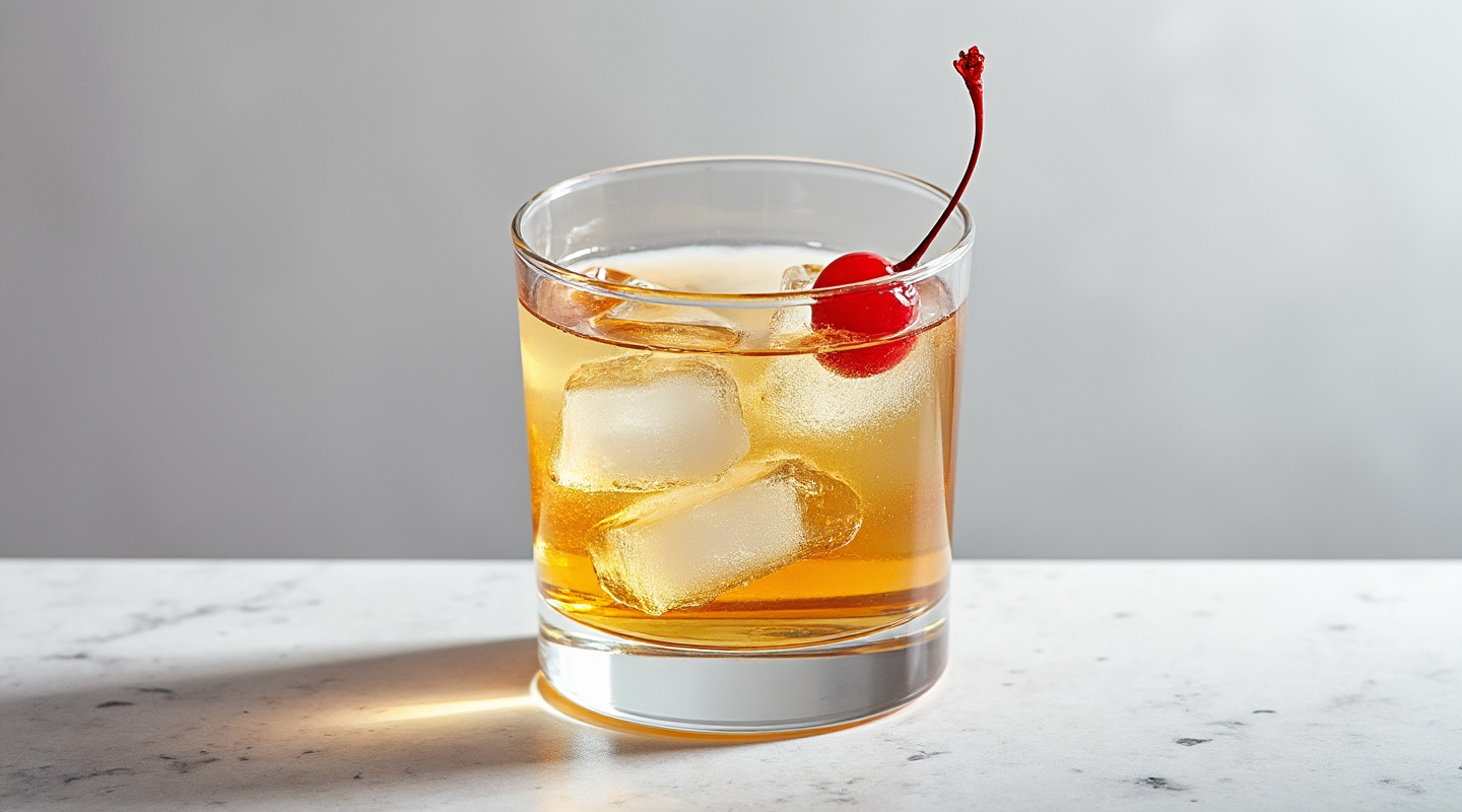 Mystique cocktail in an Old-fashioned glass with a maraschino cherry garnish