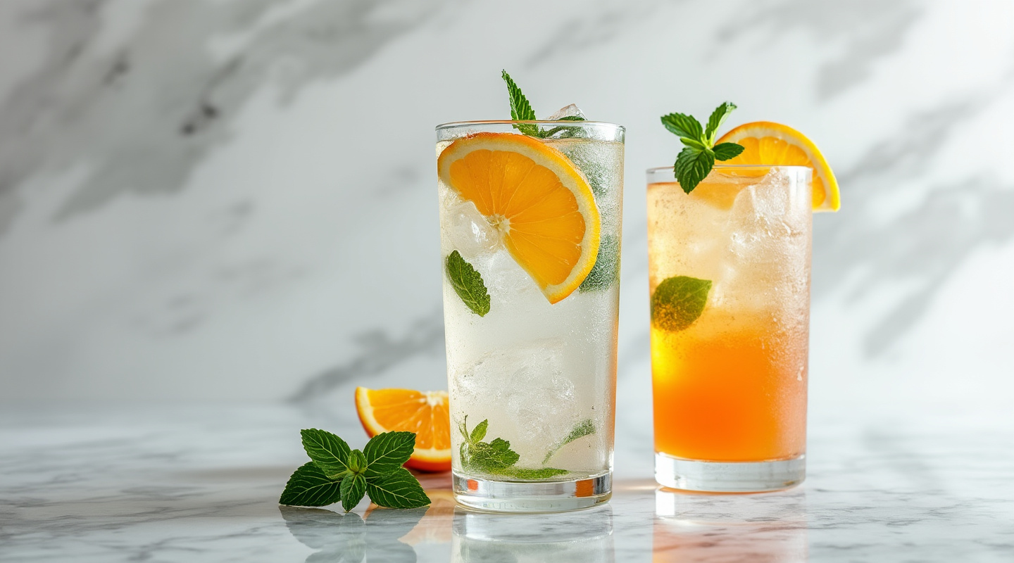 Orange Mojito served in a Collins glass with a mint sprig garnish