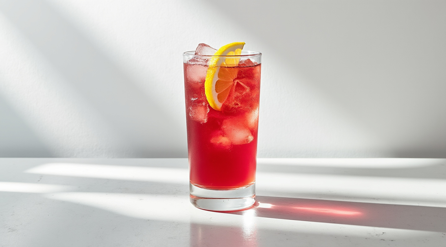 A vibrant Passion Fruit Collins served in a tall glass with a lemon slice garnish.