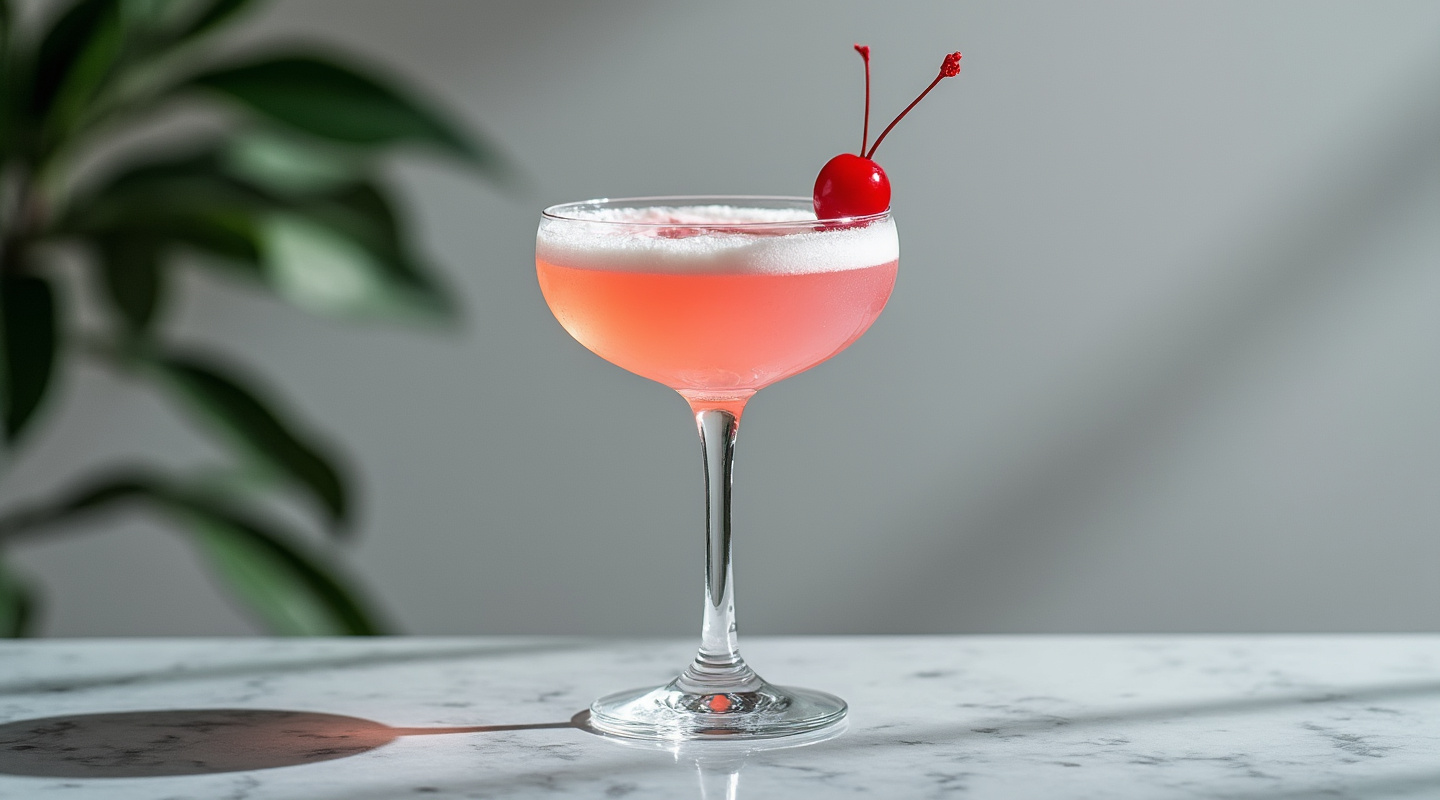 A classic Pink Lady cocktail with a maraschino cherry garnish.