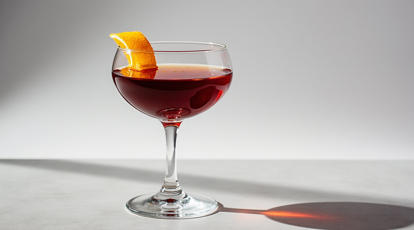 Port Wine Cocktail garnished with orange zest in a coupe glass