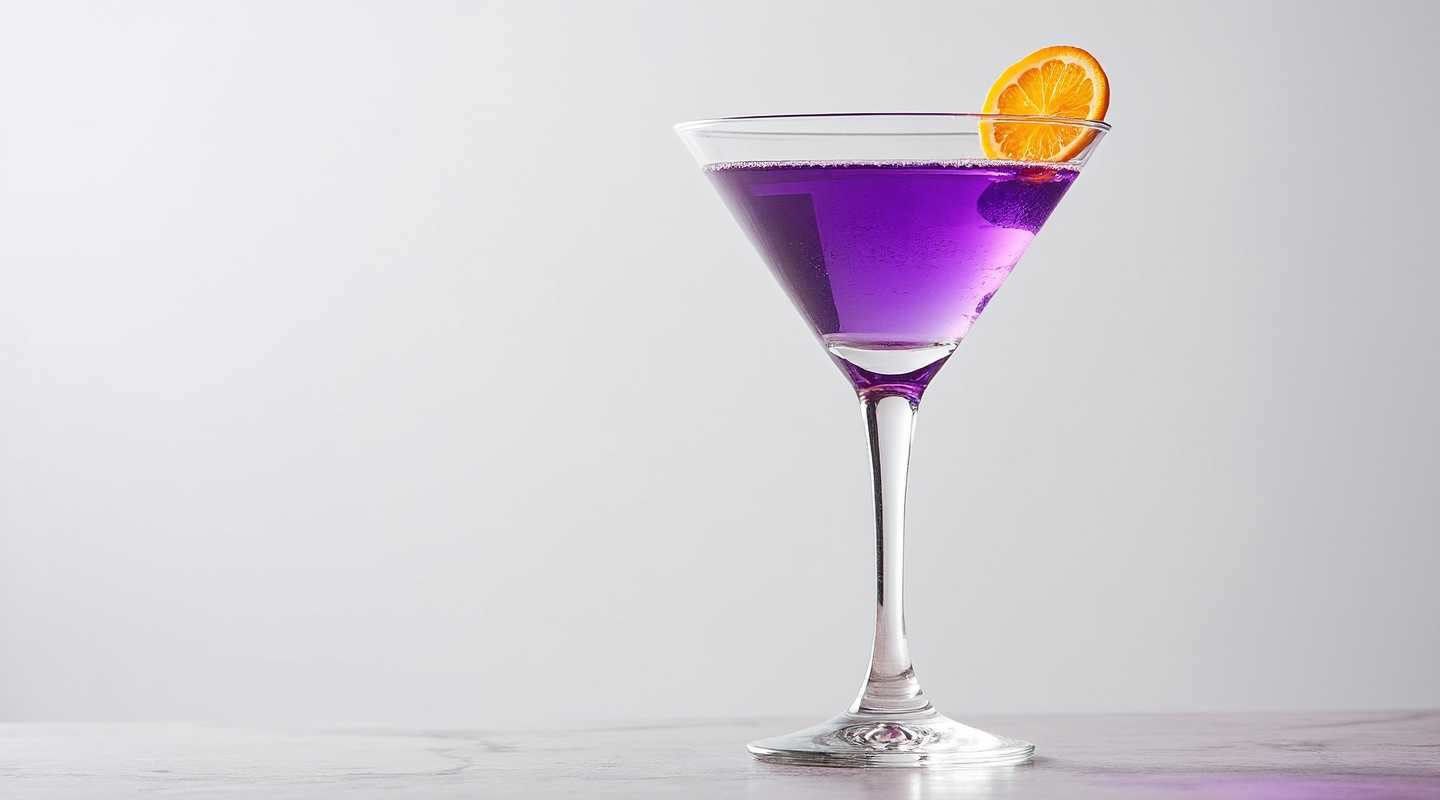 A vibrant purple cocktail served in a chilled martini glass, garnished with an orange zest twist.