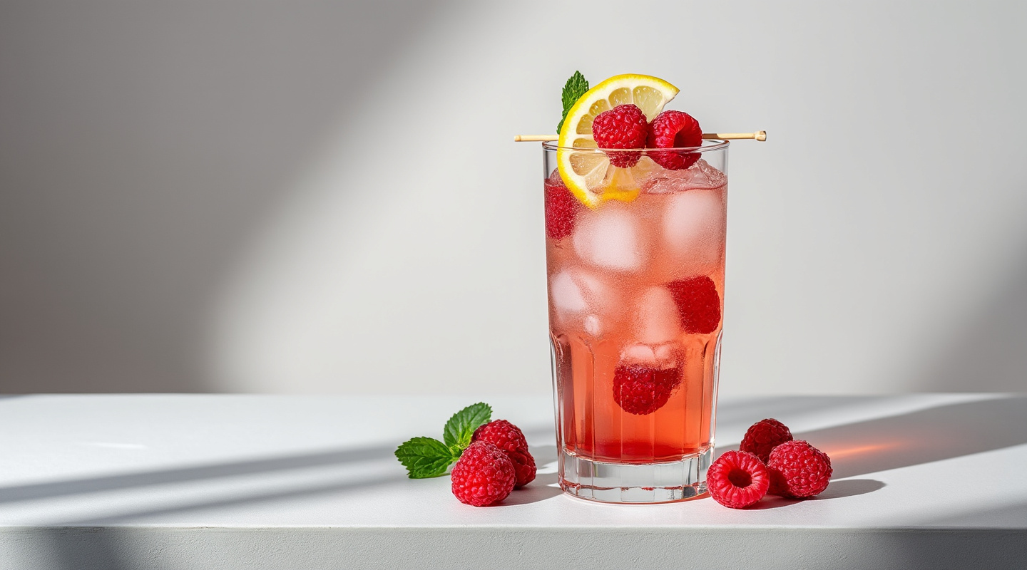 Raspberry Collins garnished with fresh raspberry and lemon