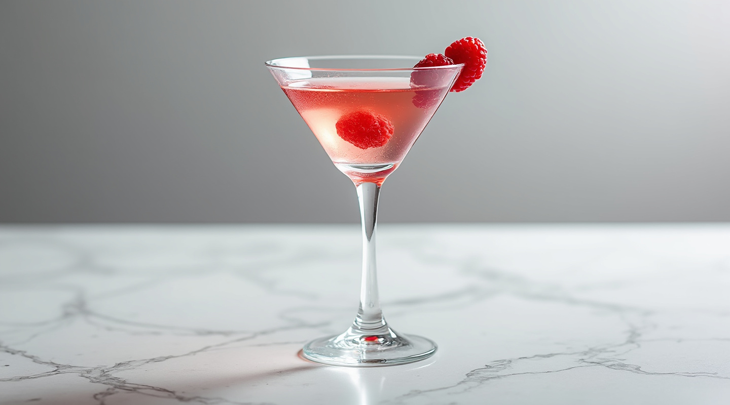 Raspberry Cosmopolitan cocktail in a martini glass, garnished with raspberries.