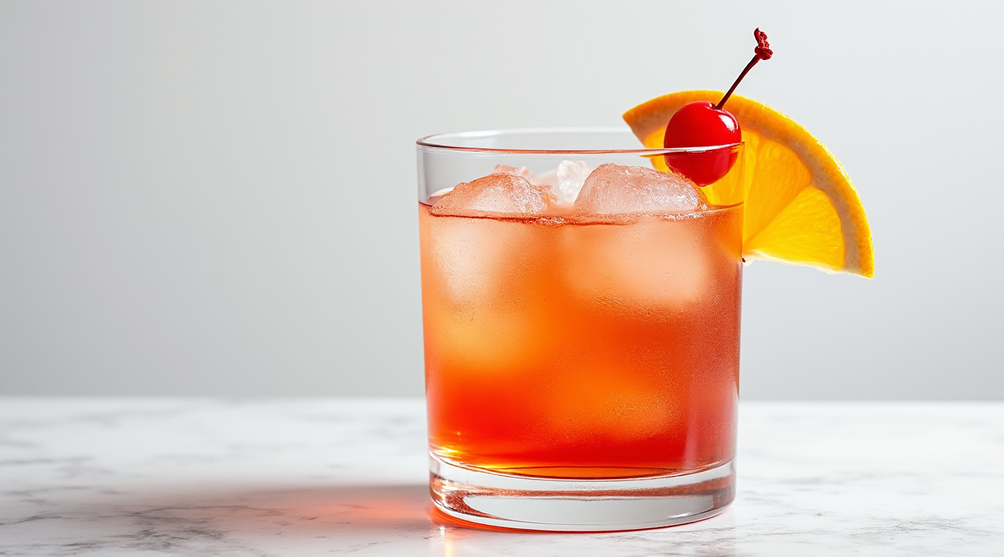 A colorful Rum Punch cocktail with a garnish of skewered orange slice and maraschino cherry.