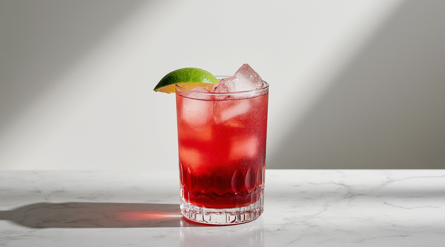 A refreshing Sorrel Rum Punch served in a Collins glass with lime garnish