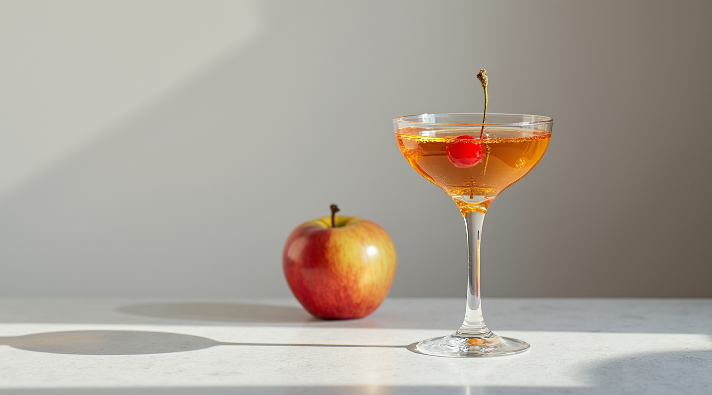 A Smoky Apple Martini served in a classic martini glass, garnished with a maraschino cherry.