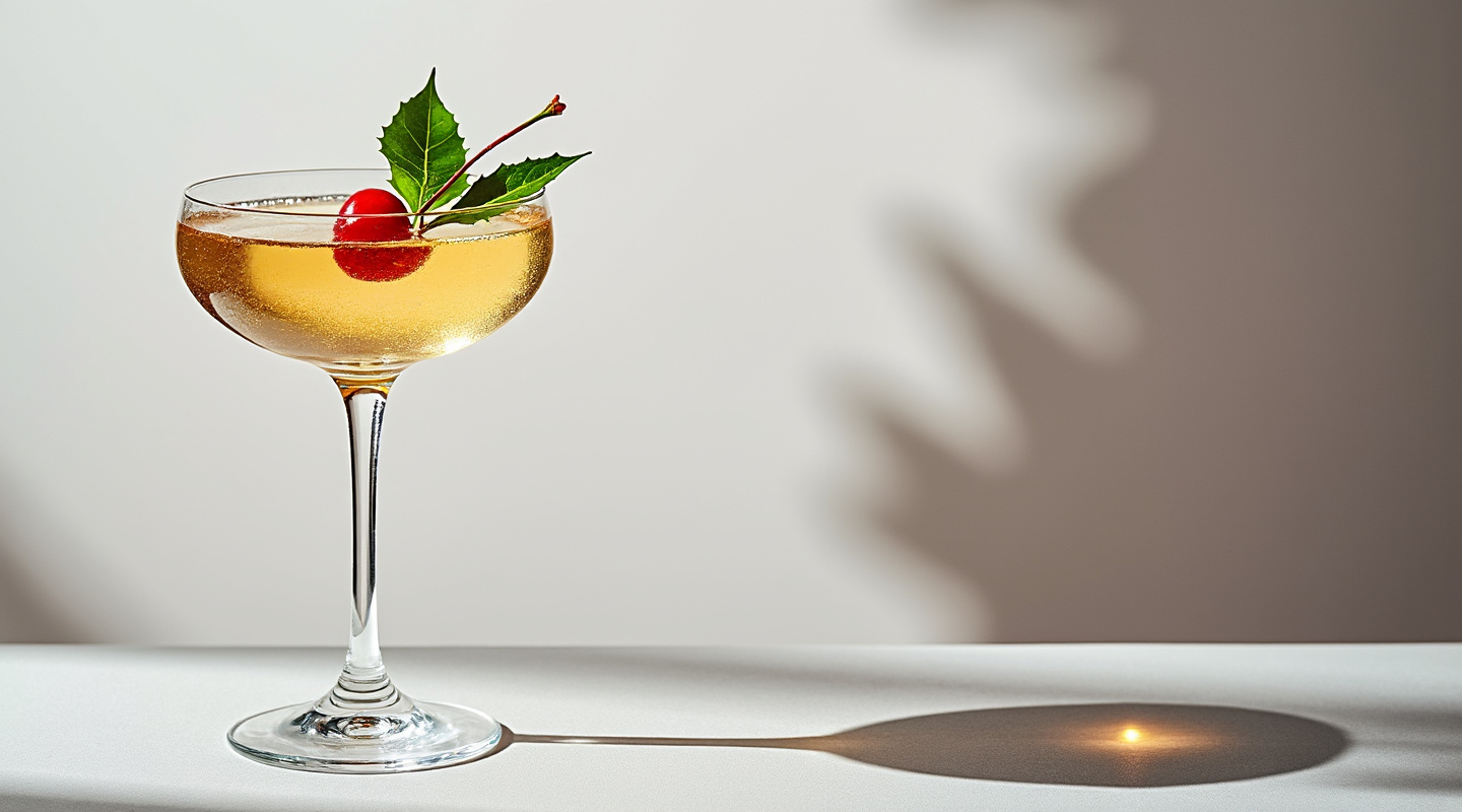 A cocktail titled The Reindeer served in a flute glass with a cherry and holly garnish, representing Rudolph's antlers and red nose