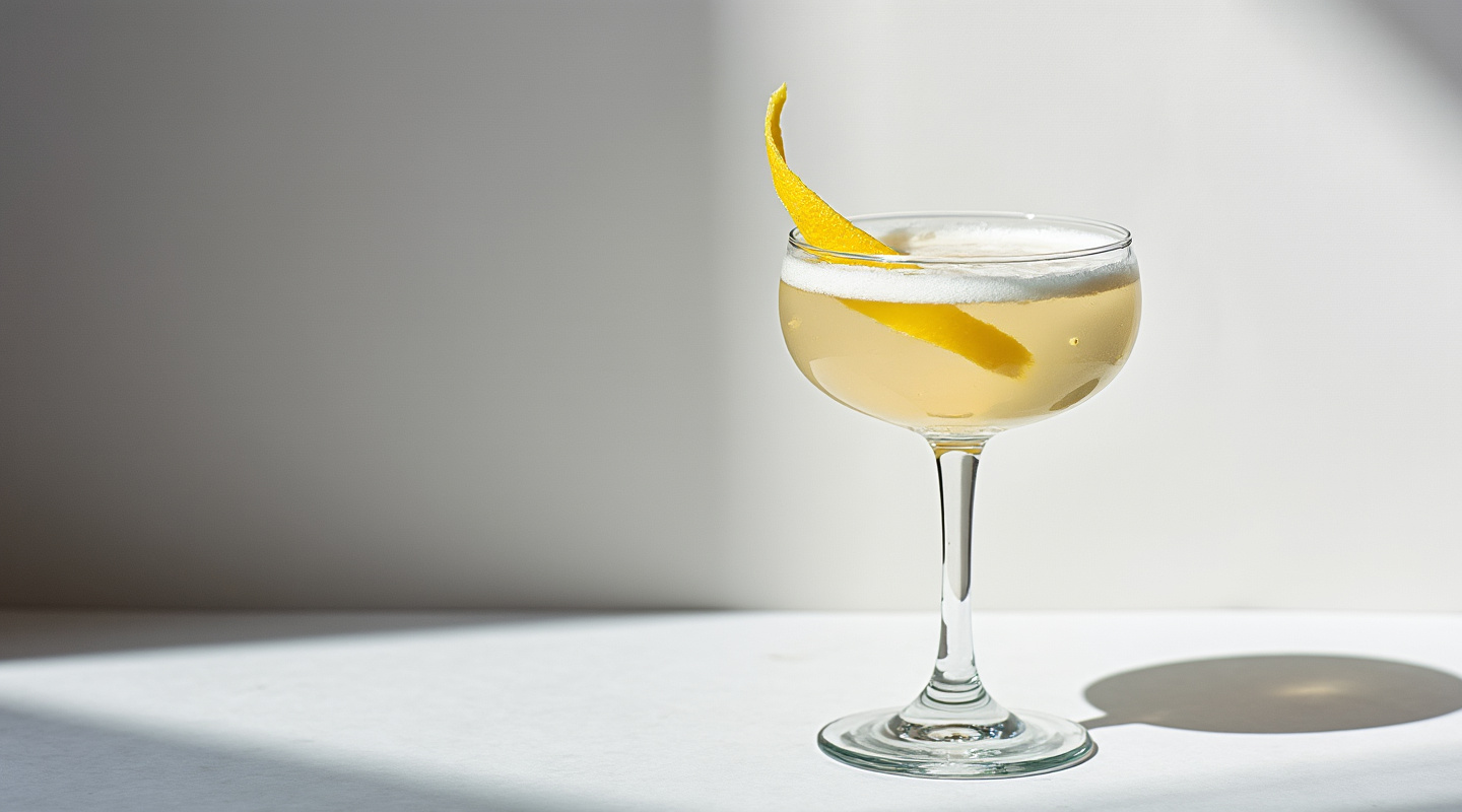 Twinkle cocktail served in a chilled coupe glass with a lemon twist garnish