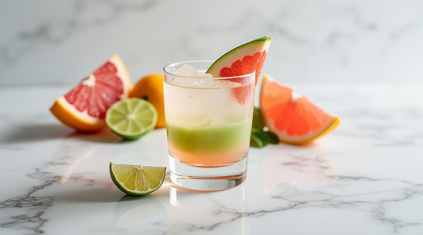 A vibrant layered shot of green, yellow, and clear liquids in a shot glass.